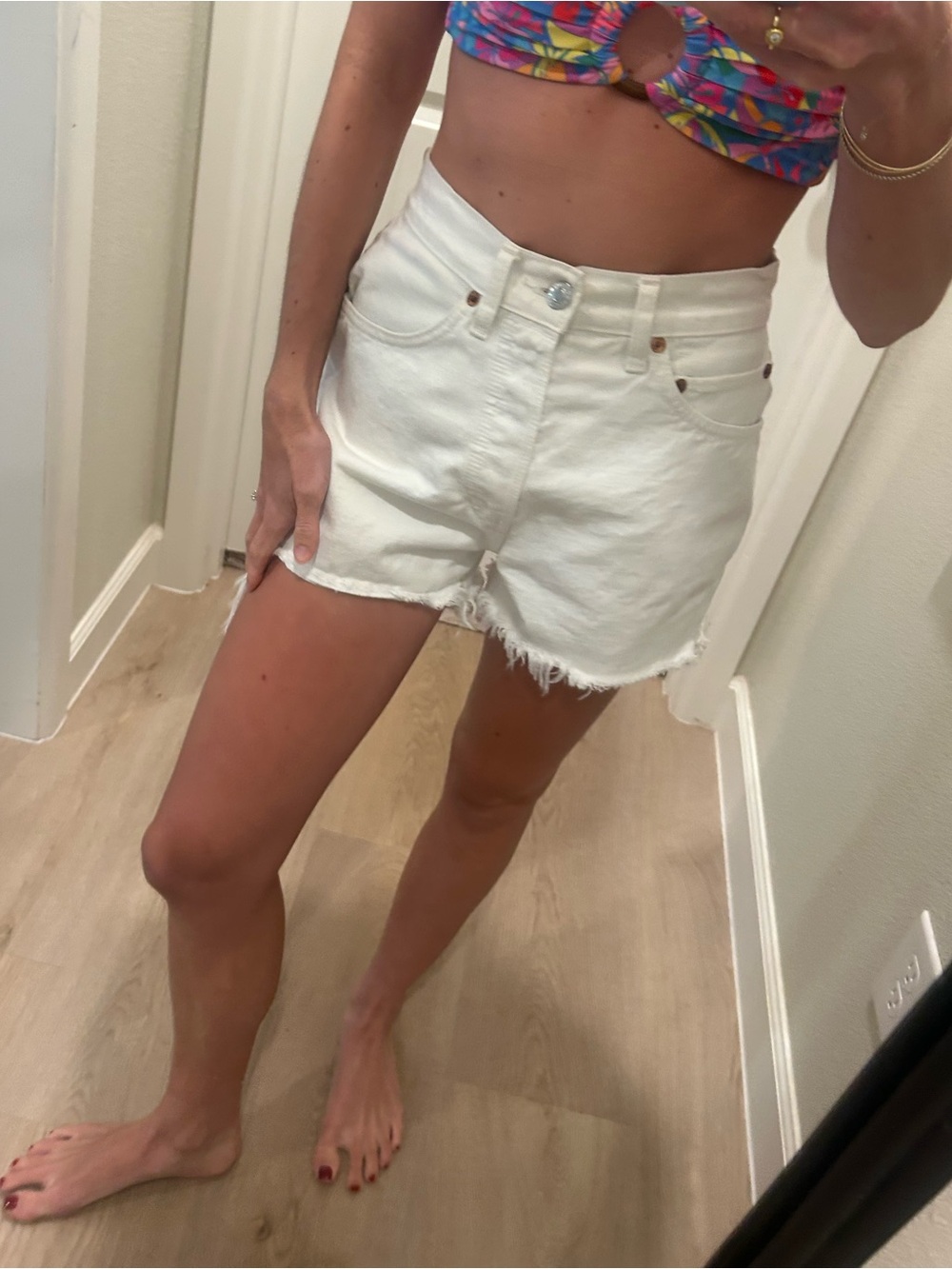 Re/Done White High-Rise Raw Hem Denim Shorts